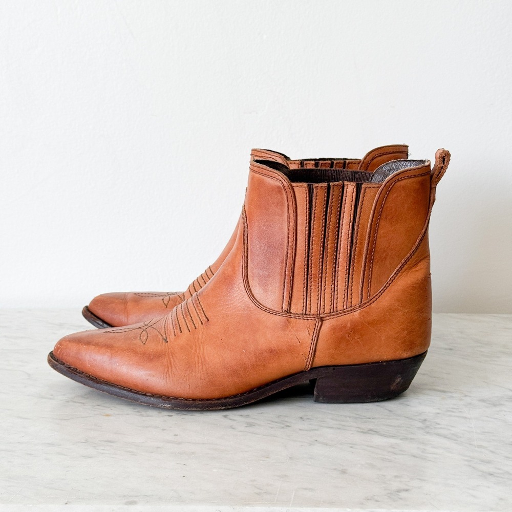 Father‎ & Son Tan Leather Western Ankle Boots Womens 9.5 Pointed Toe Chelsea USA